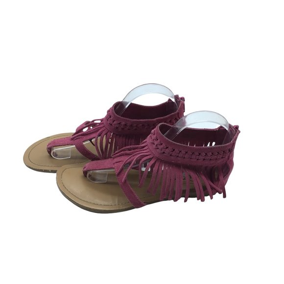 Minnetonka Sandals Boho Fringe Women Size 7 Suede Leather Pink Fuchsia Ankle Zip - Picture 4 of 7